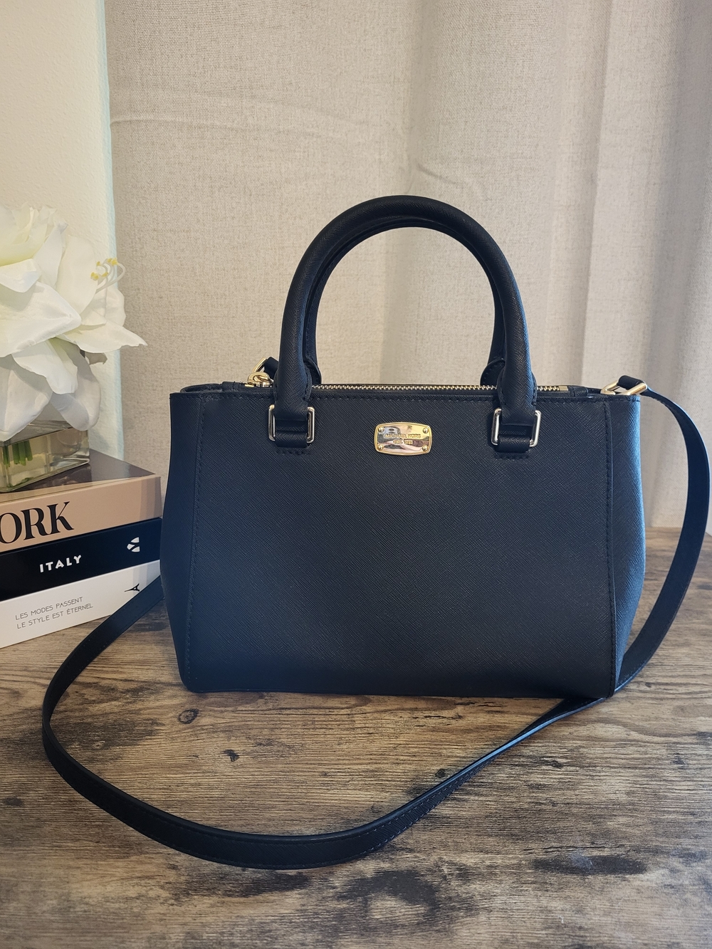 MICHAEL Michael Kors Black Saffiano Leather Satchel/Crossbody with Gold Hardware